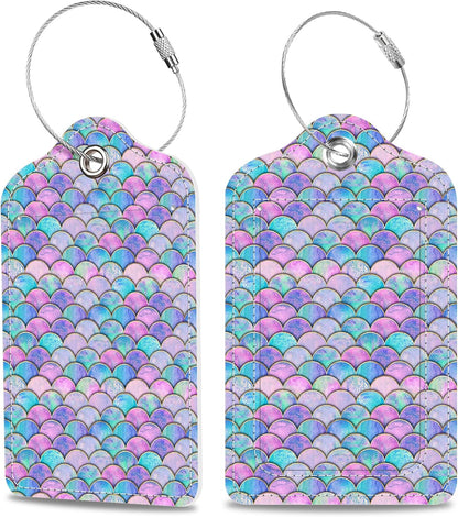 2 Pack Luggage Tags for Suitcase Watercolor Mermaid Fish Scale Wave Leather Stainless Steel Loop Label Tags for Women Men Travel Bag Suitcase with Privacy Cover Name ID Card