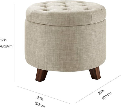 Amazon Basics Round Linen Ottoman with Storage, Tufted Upholstered Footstool for Living Room and Bedroom, 20" x 17", Linen Burlap Beige