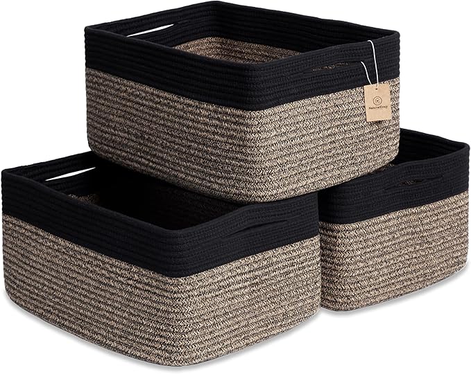 NaturalCozy Storage Baskets 16.8”x13”x7.6” Cotton Rope Woven Baskets for Organizing 3-Pack | Toy Storage Bins | Basket for Shelves, Laundry, Blanket, Clothes, Closet, Kitchen, Bathroom, Gifts
