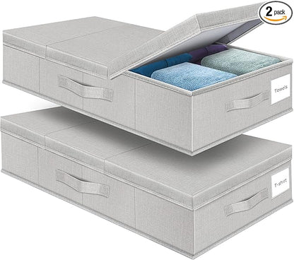 Underbed Storage Containers Bin with Lids, Large Under Bed Storage Organizer Box with Handle, Foldable Under the Storage Bags for Organizing Clothes, Shoes, Blankets, Pillows