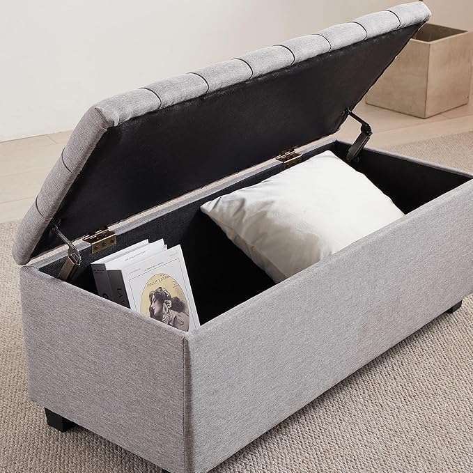 Ottoman with Storage 38 inches, Furniture End of Bed Storage Benches, Long Ottomans Bench with hinged lid, Bench seat Trunk for Foot Rest in Bedroom, Living Room (Gray)