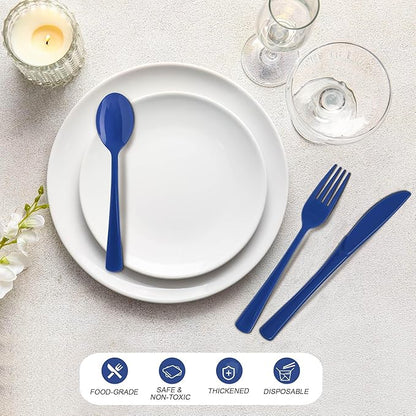 300 Pieces Dark Blue Plastic Silverware Heavy Duty Plastic Cutlery Set Heavyweight Disposable Flatware Includes Spoons Forks Knifes for Birthday Party Prom Night Wedding Dinner