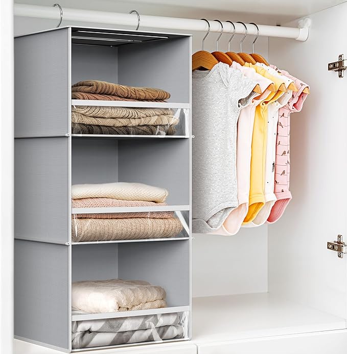 Simple Houseware 3 Shelf Hanging Closet Organizer with Front Stopper, Gray