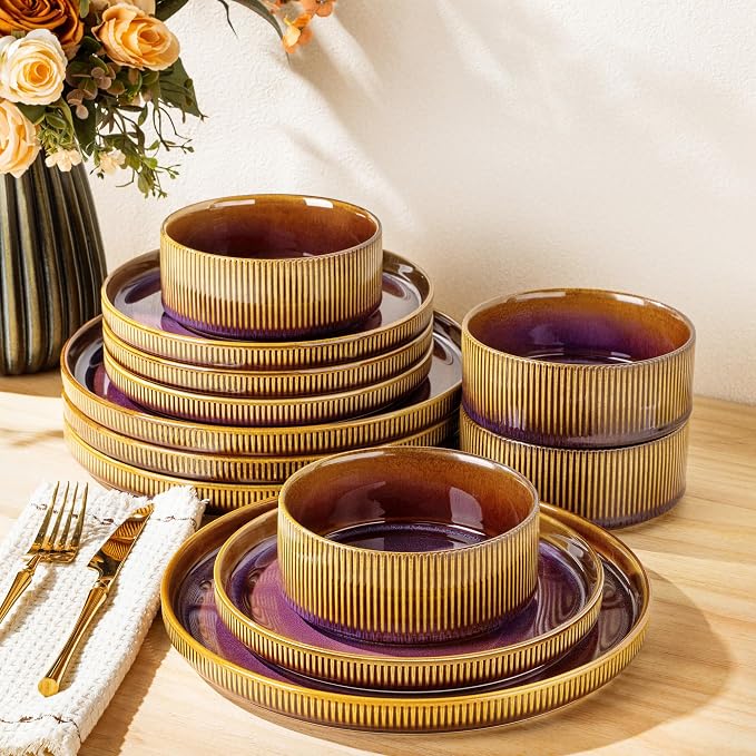 Ceramic Dinnerware Set for 4, 12-Piece Plates and Bowls Set | Lightweight