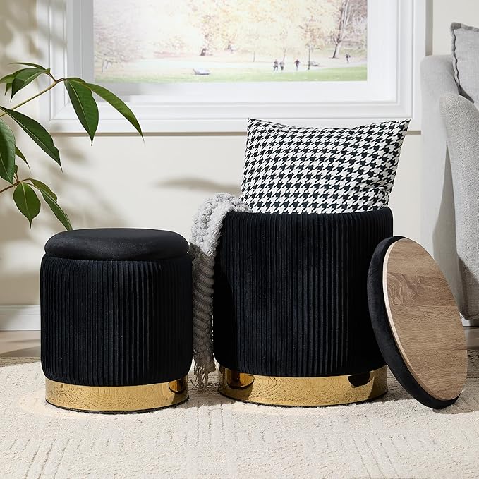 Royal Windsor Round Ottoman with Storage Set of 2, Vanity Stool with Storage for Bedroom, Ottoman Coffee Table Gold-Tone Ring Around The Base, Small Velvet Foot Stool for Living Room, Black