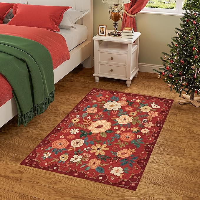 DUKINO 2x3 Rugs for Entryway, Floral Indoor Washable Door Mat, Non Slip Boho Small Rug for Kitchen, Soft Low Pile Front Door Throw Rug for Entrance, Bedroom, Kitchen, Laundry, Bathroom, Red