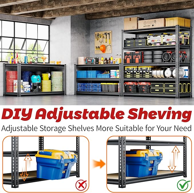 48"W Garage Shelving, 3050LBS Storage Shelves Heavy Duty, 5 Tier Metal Shelving Unit Adjustable Garage Shelves Heavy Duty Shelving for Warehouse,Commercial, Kitchen, 48" W × 18" D × 72" H, Black