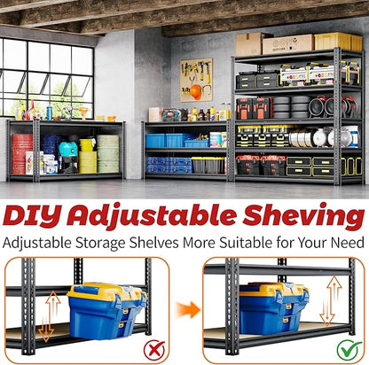 48"W Garage Shelving, 3050LBS Storage Shelves Heavy Duty, 5 Tier Metal Shelving Unit Adjustable Garage Shelves Heavy Duty Shelving for Warehouse,Commercial, Kitchen, 48" W × 18" D × 72" H, Black