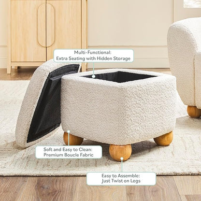 Walker Edison Linley Contemporary Small Storage Bouclé Ottoman with Wood Legs, Ivory