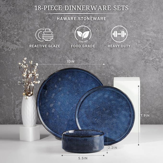 HaWare Dinnerware Sets, 18-Piece Plates and Bowls Set, Reactive Starry Blue |