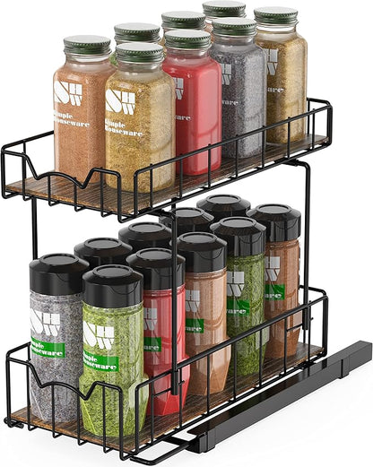 Simple Houseware 2-Tier Spice Rack Slide Out Wire Basket Drawer Organizer, Black