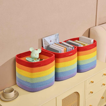 3 Pack Storage Cubes 11 Inch Cotton Rope Woven Baskets for Organizing Cube Bin Square Shelves Organizer,Classroom,Kids Toy Bins,Closet,Baby Nursery(Rainbow)