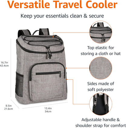 Amazon Basics Insulated Cooler Backpack, 30 Can Capacity, Leak-Proof Design, Gray
