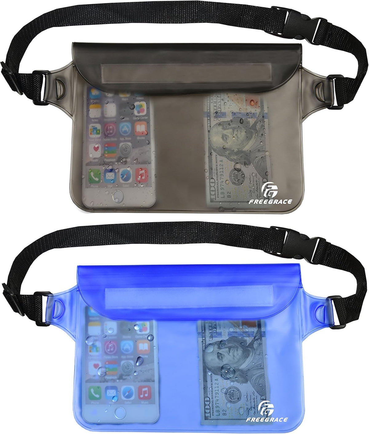Freegrace Waterproof Pouches with Waist Strap / Pouch Case Bundle Set- Keep Your Phone & Valuables Dry and Safe - Waterproof Dry Bags for Boating Swimming Snorkeling Kayaking Beach Water Parks Pool