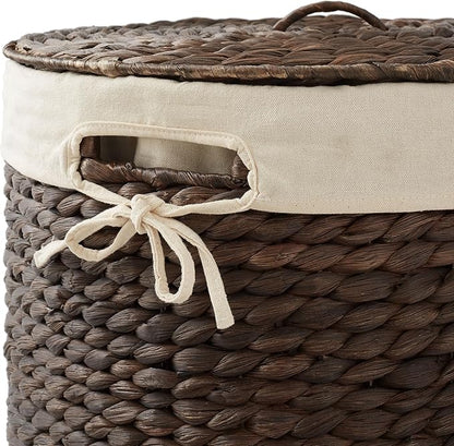 Casafield Round Laundry Hamper with Lid and Removable Liner Bag - Espresso, Woven Water Hyacinth Wicker Laundry Basket for Clothes and Towels