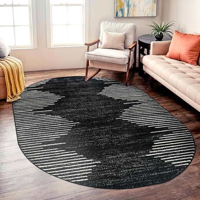 Rugshop Bohemian Stripe Stain Resistant High Traffic Living Room Kitchen Bedroom Dining Home Office Oval Area Rug 5' x 7' Black