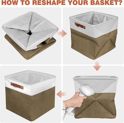 13in Open Fabric Storage Basket with Leather Handles for Organizing, Collapsible Linen Closet Bins for Shelves, Closets, Laundry, Decorative Basket for Gifts. (White＆Brown, 3PCS/13x13in)
