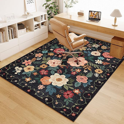 DUKINO 6x9 Area Rug, Floral Rugs for Living Room, Lightweight Non Slip Washable Indoor Low Pile & Non-Shedding Boho Design Carpet for Bedroom, Living Room, Dining Room, Black