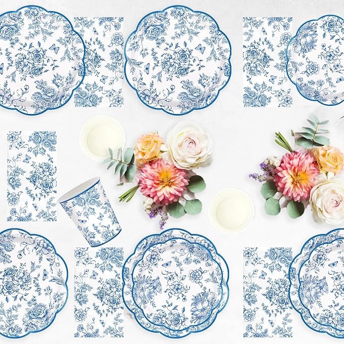 100pcs Blue Floral Paper Plates Napkins Flower Scalloped Tableware | Disposable