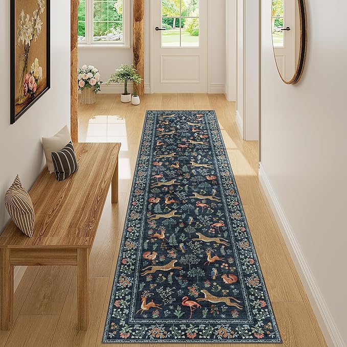 DUKINO Runner Rug, 2x8 Washable Kitchen Rugs for Hallways with Non Slip Backing, Soft Low Pile Vintage Animal Runner for Kitchen, Hallway, Entryway, Laundry, Bedroom, Navy Blue