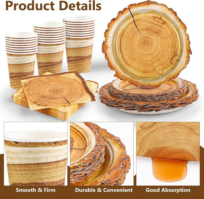 Kochorie 96 Pieces Camping Wood Grain Slice Tableware Set Rustic Wood Party
