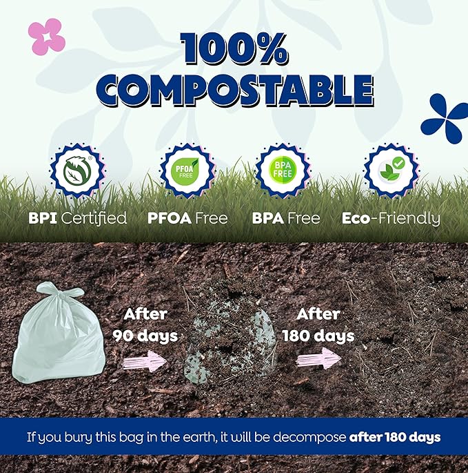 BPI 100% Home Compostable Kitchen Trash Bags, 13 Gallon 1.5 Mil Heavy Duty Unscented Plant Based Bags w/Handles, Tall Biodegradable Garbage, Compost & Food Scrap Waste Can Liners, 35 Ct