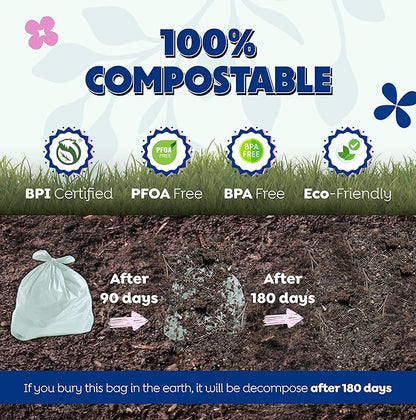 BPI 100% Home Compostable Kitchen Trash Bags, 13 Gallon 1.5 Mil Heavy Duty Unscented Plant Based Bags w/Handles, Tall Biodegradable Garbage, Compost & Food Scrap Waste Can Liners, 35 Ct