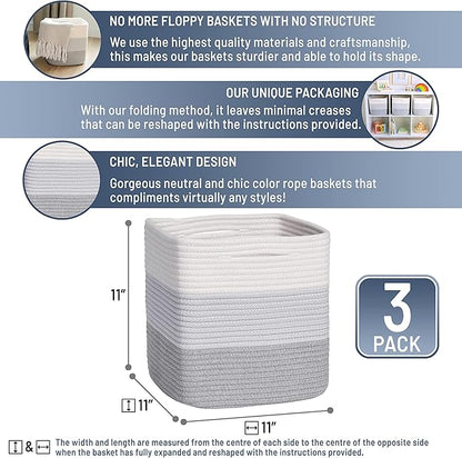 NaturalCozy Storage Cubes 11 Inch Cotton Rope Woven Baskets for Organizing, 3-Pack | Cube Storage Bin | Square Storage Baskets for Shelves Organizer, Classroom, Kids Toy Bins, Closet, Baby Nursery