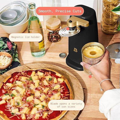 Beautiful Electric Can Opener, Stainless Steel Blade, Magnetic Lid, Auto-Turn Safety, Knife Sharpener & Bottle Opener, Cord Storage - Drew Barrymore Kitchen (Black Sesame)
