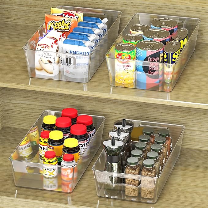 Simple Houseware 4 Pcs Kitchen Clear Bin Storage Organizer, 15" x 8" x 3.75"