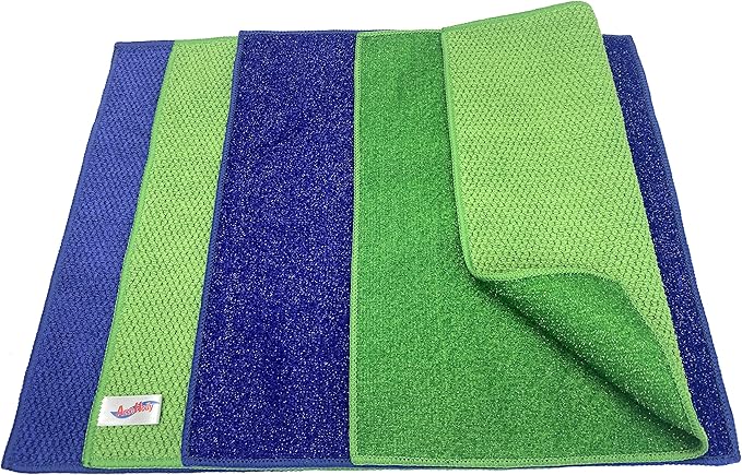 Microfiber Scrub Dish Cleaning Cloth, Non-Scratch, Reusable & Durable for Pan Pot Dish Cooktop Counter Kitchen Household, Machine Washable, 4-Pack, 11.5 x 11.5 inch, Blue & Green Color Assorted