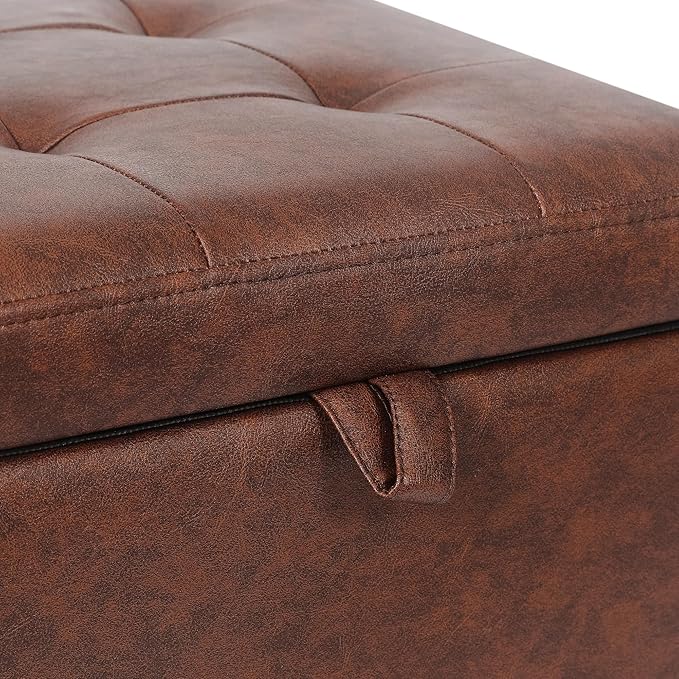 Adeco Faux Leather Storage Ottoman Bench with Wood Legs, 17.7" Square Red and Brown PU Cube Foot Stool, Upholstered Button Tufted Vanity Chair with Hinged Lid for Living Room, Bedroom, Dorm