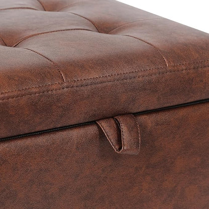 Adeco Faux Leather Storage Ottoman Bench with Wood Legs, 17.7" Square Red and Brown PU Cube Foot Stool, Upholstered Button Tufted Vanity Chair with Hinged Lid for Living Room, Bedroom, Dorm