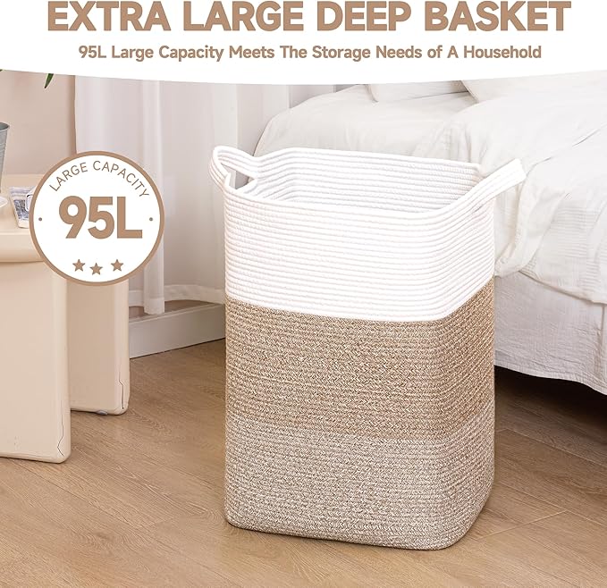 CLHMILY&Z 95L Laundry Basket Rectangular Brown Rope - 16x15x24 Inches - Dirty Clothes and Soft Storage Bin for Blankets, Toys, and Nursery Essentials