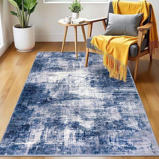 IOHOUZE Abstract Area Rug 3x5 Ft Washable Rugs for Entryway Indoor, Non Slip Kitchen Rug Printed Faux Wool Throw Rugs, Indoor Door Mat for Door Entrance Foyer Living Room, Navy/Grey