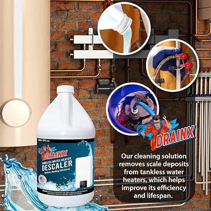 DrainX Tankless Water Heater Descaling Solution | Highly Effective Descaler Restores Heating Efficiency, Gallon, 128 fl oz