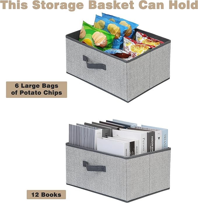 Storage Baskets, 15.7 Inch Woven Fabric Bins, Storage Cubes with Reinforced Handles, Organizer Bins for Closet Shelves, Foldable, for Toys, Clothes, Natural Beige (4PCS/Grey-15.7*11*7.8inch)
