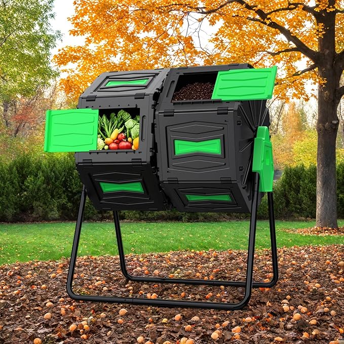 Compost Tumbler, 45 Gallon / 170L Dual Chamber Compost Bin Outdoor, 360° Rotating Composter Tumbler, BPA-Free Fast-Working All-Season Heavy-Duty Large Capacity Compost Bin Kitchen Garden Yard Waste