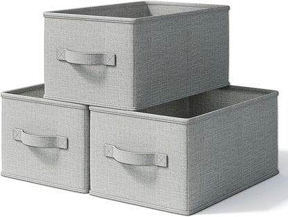 3 Pack Fabric Storage Bins for Shelves | 16.25x12x10in Closet Storage Baskets | Collapsible Storage Bins |Fabric Closet Organizers with Handles | Light Gray