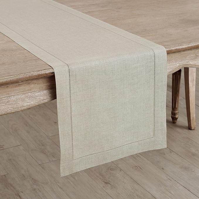 Solino Home Linen Natural Table Runner 132 Inches Long - 100% Pure Linen Extra Long Table Runner 14 x 132 Inch for Christmas, New Year - Classic Hemstitch