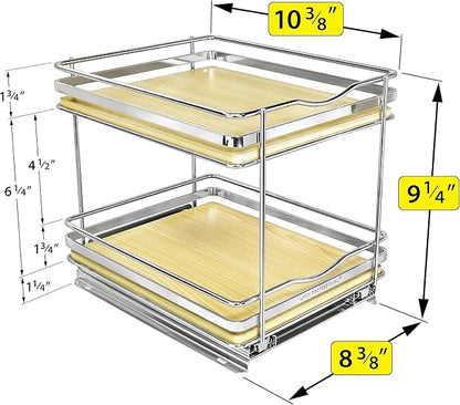 LYNK PROFESSIONAL® Élite™ Pull Out Spice Rack Organizer for Inside Kitchen Cabinets - 8-1/4 inch Wide - Slide Out Drawer – Wood/Chrome Sliding Spice Cabinet Organization Shelf Racks - 2 Tier