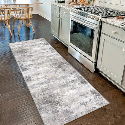 IOHOUZE Abstract Runner Rug 2x7 Ft Washable Runners for Hallways, Non Slip Kitchen Runner Printed Faux Wool Entryway Runners Indoor, Modern Abstract Floor Carpet for Hall Kitchen Bedroom, Grey Beige