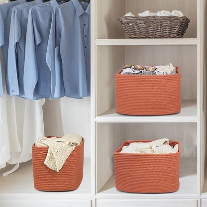 Cotton Rope storage Basket Bins Woven Basket for Organizing Shelves Rectangle Decorative Baskets For storage Clothes Toys Books Towels Square Wicker Nursery basket organizer 3 pack Rust