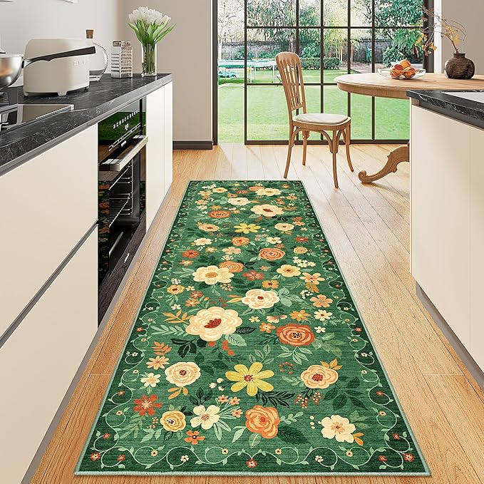 DUKINO Runner Rug, 2.6x8 Kitchen Rug for Hallway with Non Slip Backing, Washable Low Pile Soft Boho Floral Runner Carpet for Hallway, Kitchen, Entryway, Laundry, Bedroom, Dark Green