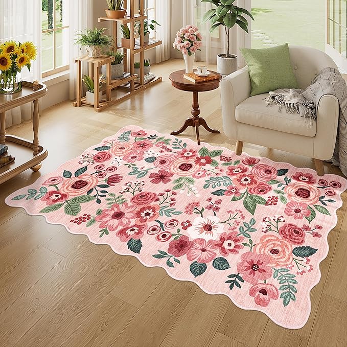 DUKINO 3x5 Area Rug, Floral Non-Slip Indoor Washable Rug with Low Pile & Non-Shedding, Lightwight Boho Design Carpet for Entryway, Bedroom, Kids Room, Living Room, Kitchen, Pink
