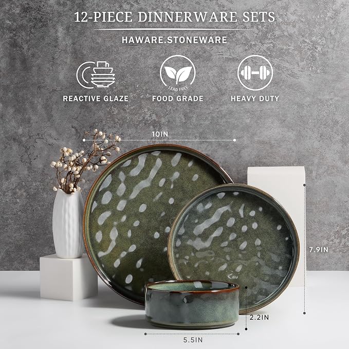 HaWare Dinnerware Sets, 12-Piece Plates and Bowls Set, Reactive Moss Green |