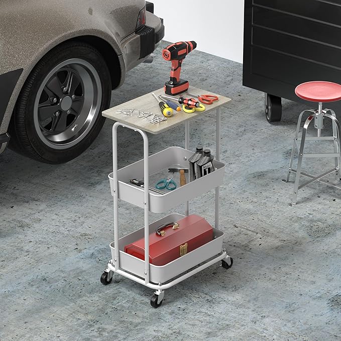 Simple Houseware 2-Tier Rolling Utility Cart with Lockable Wheels and Wood Top, Metal Storage Organizer Trolley for Kitchen, Bathroom, Office, Craft Room, Maple