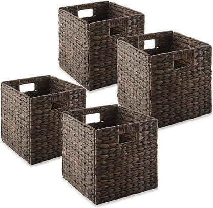 Casafield 10.5" x 10.5" Water Hyacinth Storage Baskets, Espresso - Set of 4 Collapsible Cube Organizers, Woven Bins for Bathroom, Bedroom, Laundry, Pantry, Shelves