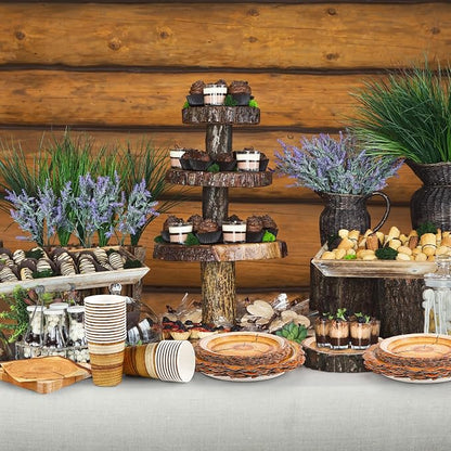 Kochorie 96 Pieces Camping Wood Grain Slice Tableware Set Rustic Wood Party
