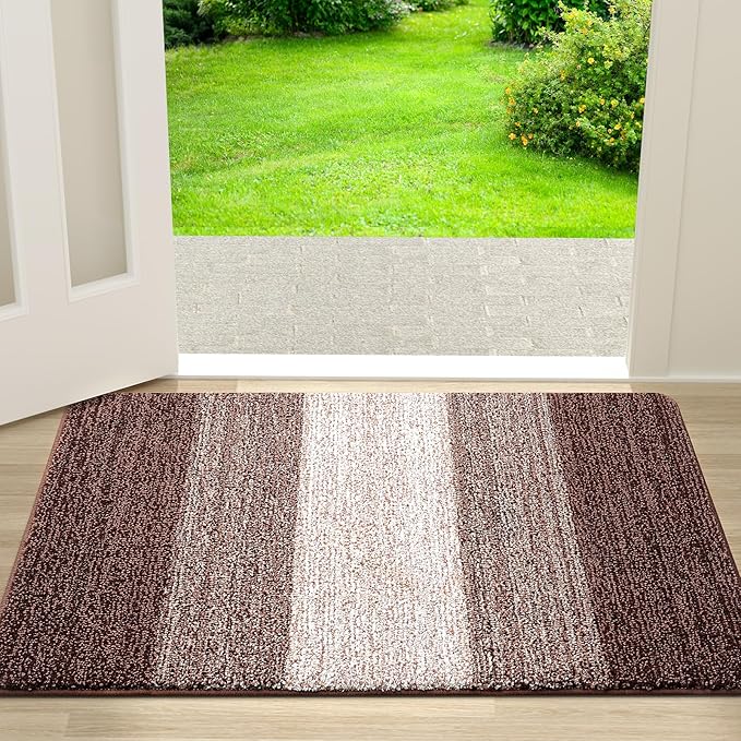 Kitinjoy Indoor Outdoor Door Mat, 30x17 Non-Slip Absorbent Dirt Trapper, Low-Profile Washable Inside Entrance Front Floor Mat, Sturdy Soft Entry Doormats for Entryway, Brown